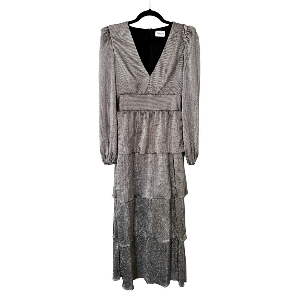 SAYLOR Long Sleeve Metallic Tiered Maxi Dress Cocktail Gold Small